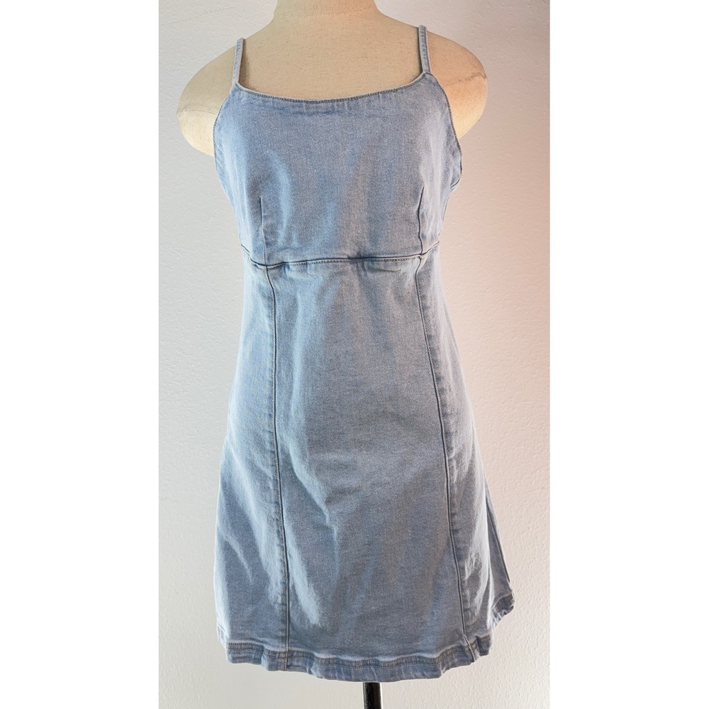 VTG Y2K Lone Star Denim Mini Dress Western Light Wash Cotton Blue Zip Country